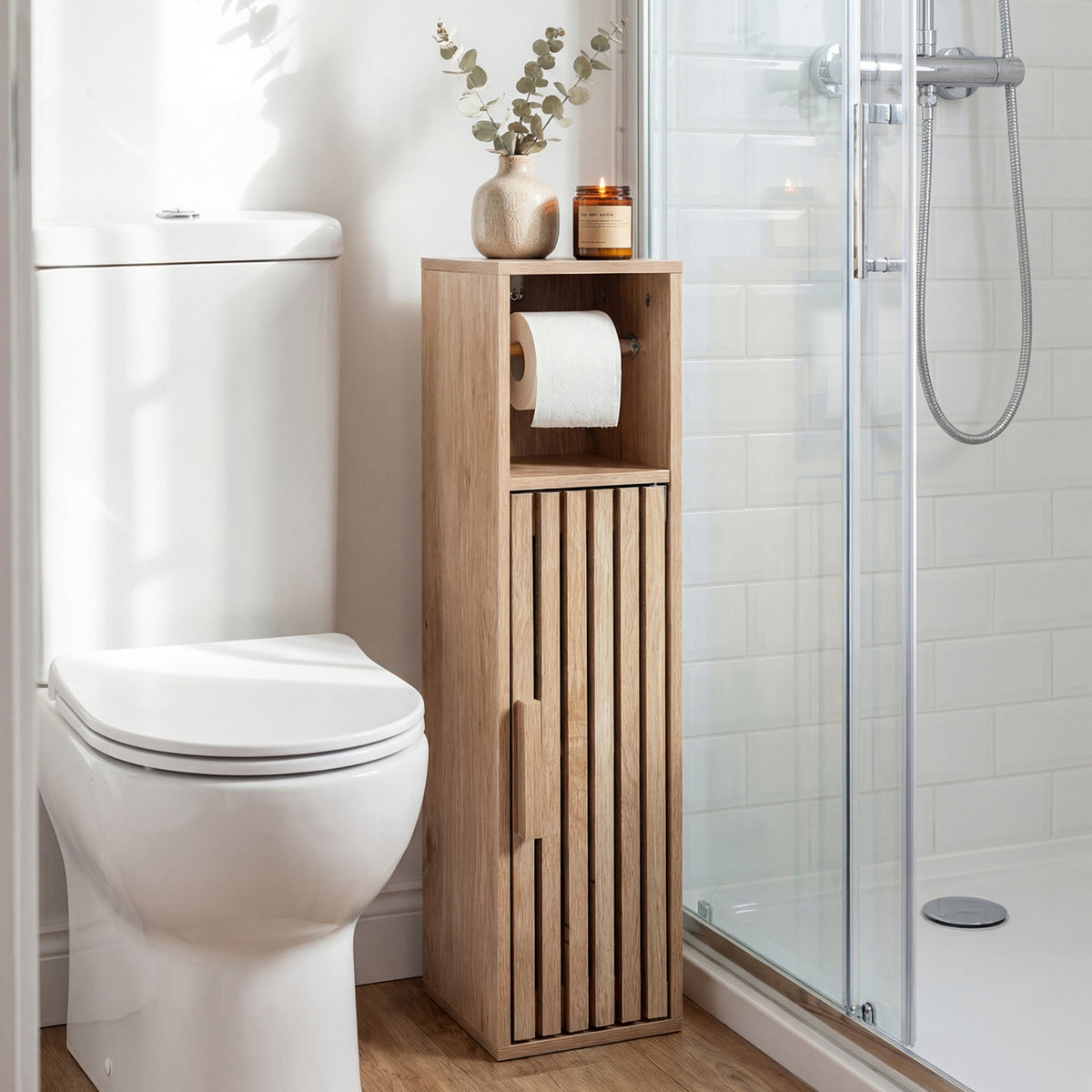 Slim Bathroom Cabinets Freestanding Toilet Paper Holder Stand with Door-Natural