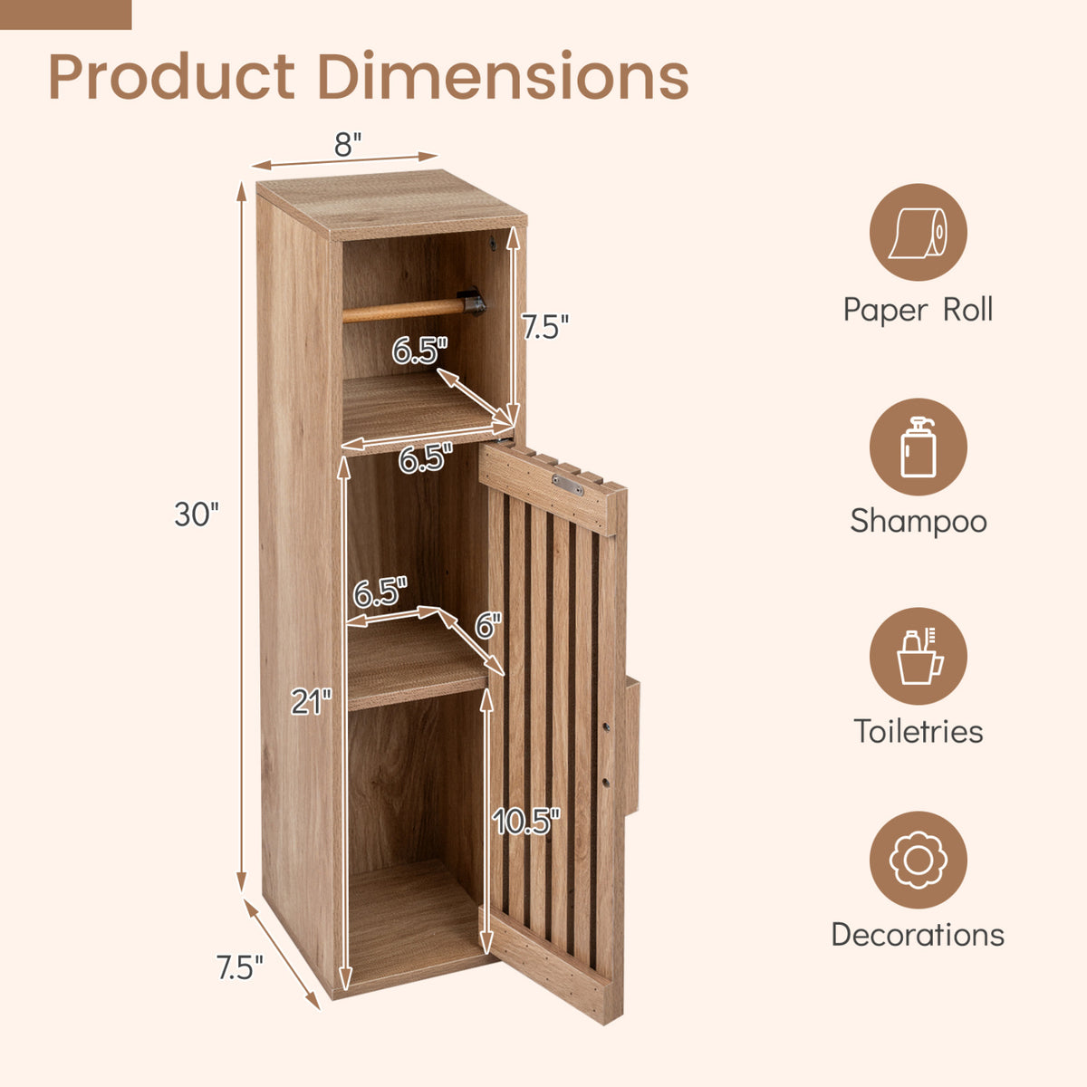 Slim Bathroom Cabinets Freestanding Toilet Paper Holder Stand with Door-Natural