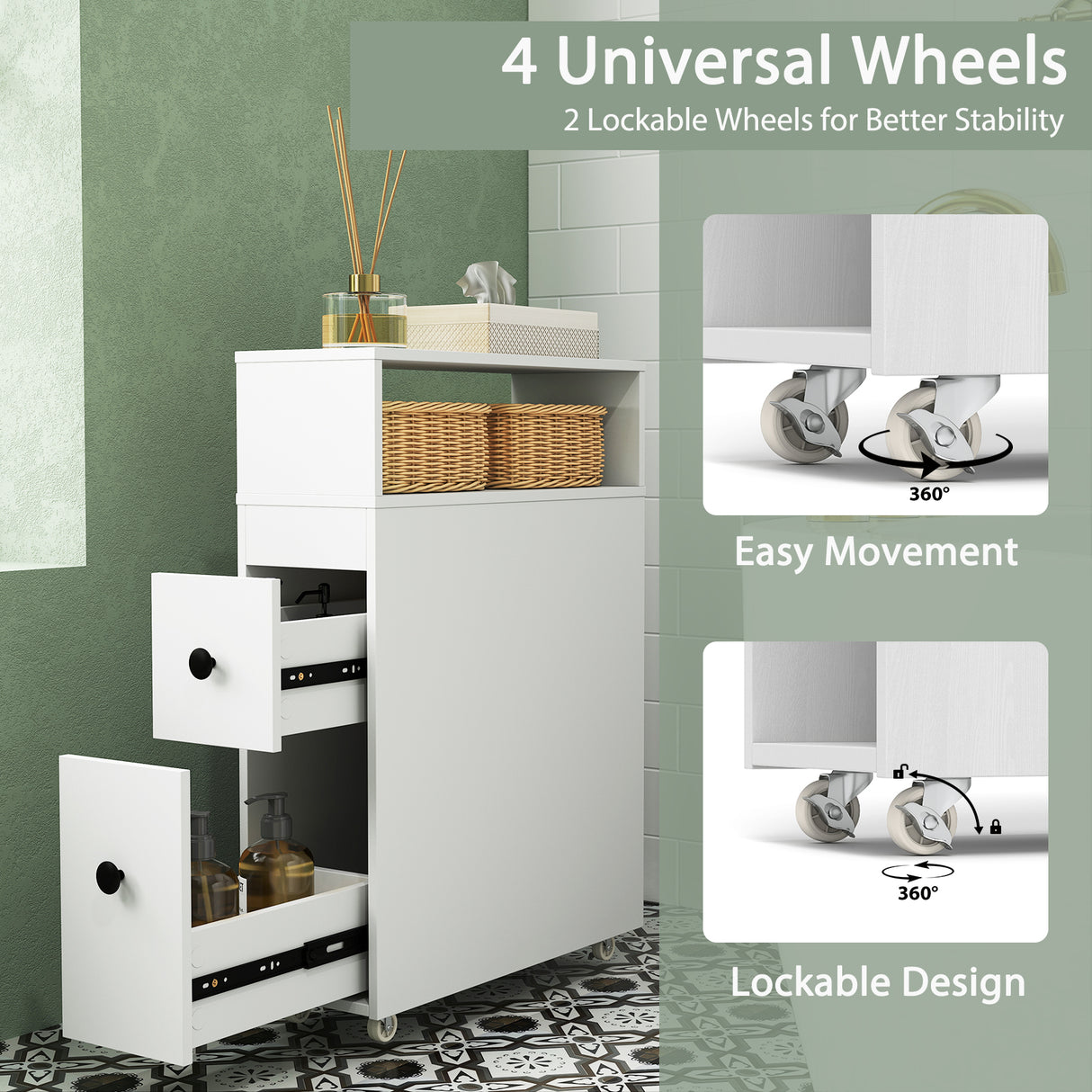 Slim Bathroom Cabinet Wooden Toilet Organizer with Deep Slide Out Drawers