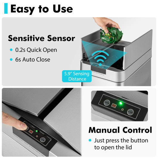 13.2 Gal Slim Kitchen Trash Can with Wing Lids and Stainless Steel Frame