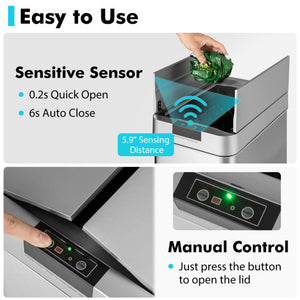 13.2 Gal Slim Kitchen Trash Can with Wing Lids and Stainless Steel Frame