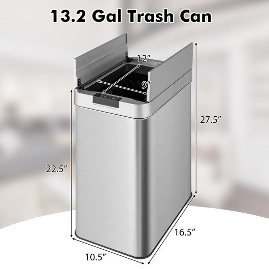 13.2 Gal Slim Kitchen Trash Can with Wing Lids and Stainless Steel Frame