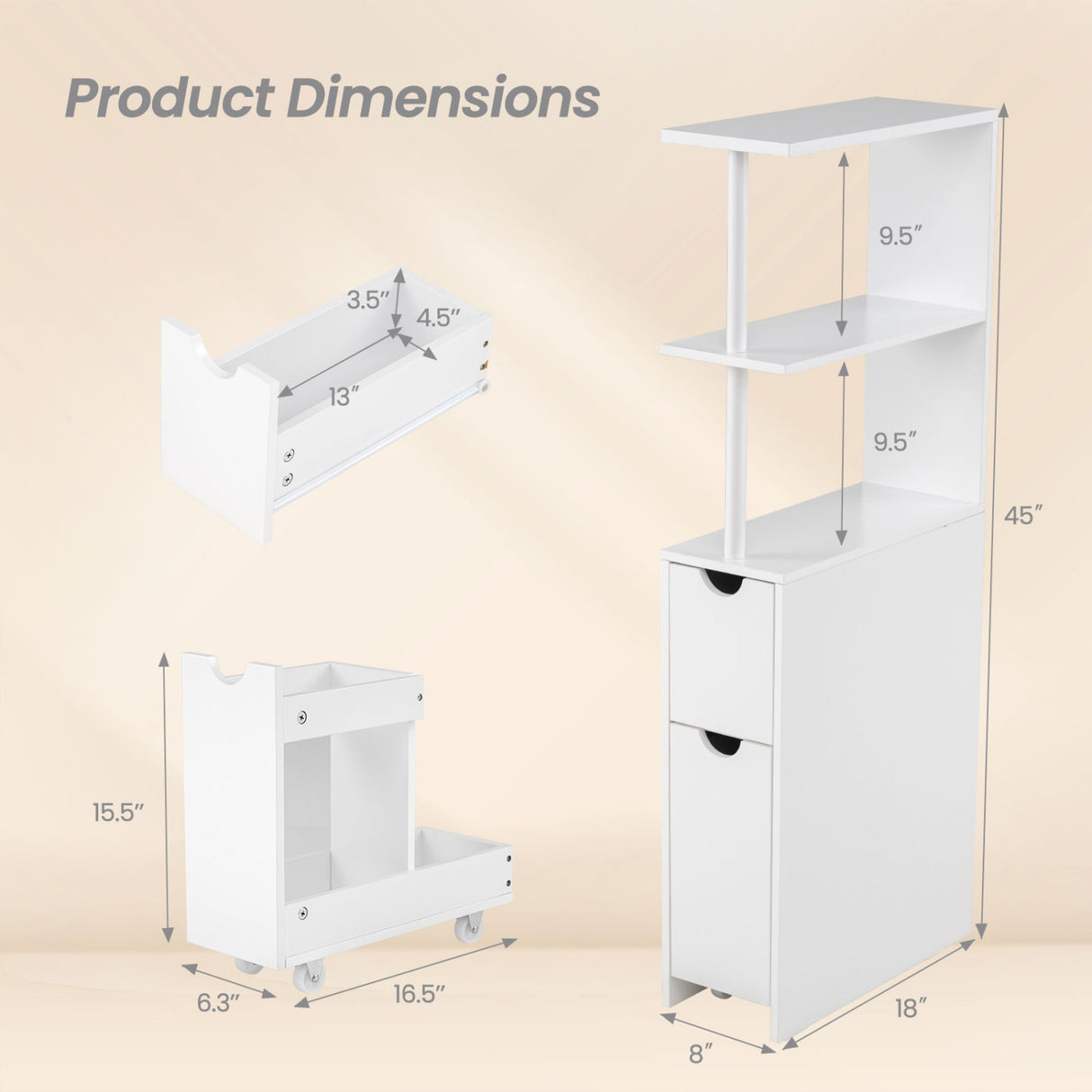 Slim Storage Freestanding Bathroom Cabinet with Open Shelves-White