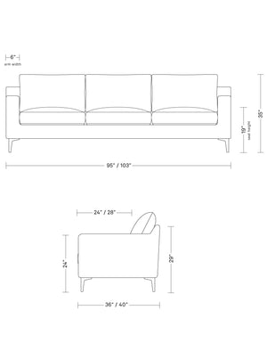 Line drawing of the Sloan Custom 3-Seat 95" Sofa with measurements. The front view shows a length of either 95" or 103" with an arm width of 6". The side view displays a seat depth option of either 24" or 28", a total depth option of either 36" or 40", a back height of 29", and a seat height of 19".