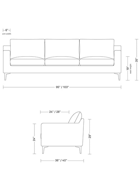 Line drawing of the Sloan Custom 3-Seat 95" Sofa with measurements. The front view shows a length of either 95" or 103" with an arm width of 6". The side view displays a seat depth option of either 24" or 28", a total depth option of either 36" or 40", a back height of 29", and a seat height of 19".