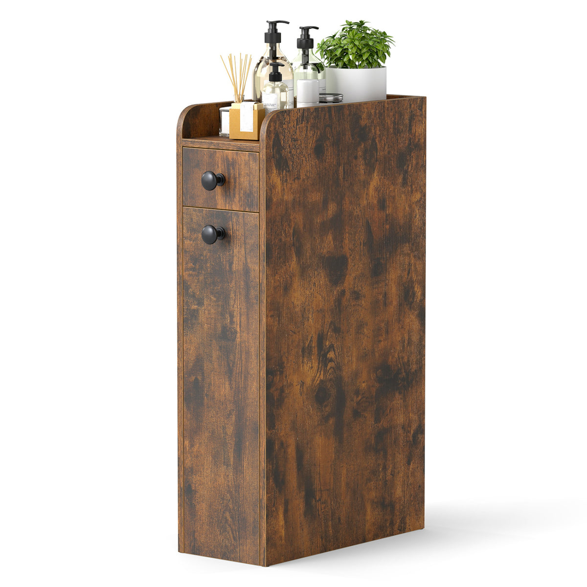 Small Bathroom Storage Cabinet 4-Tier with Slide Out Drawers on Casters-Brown