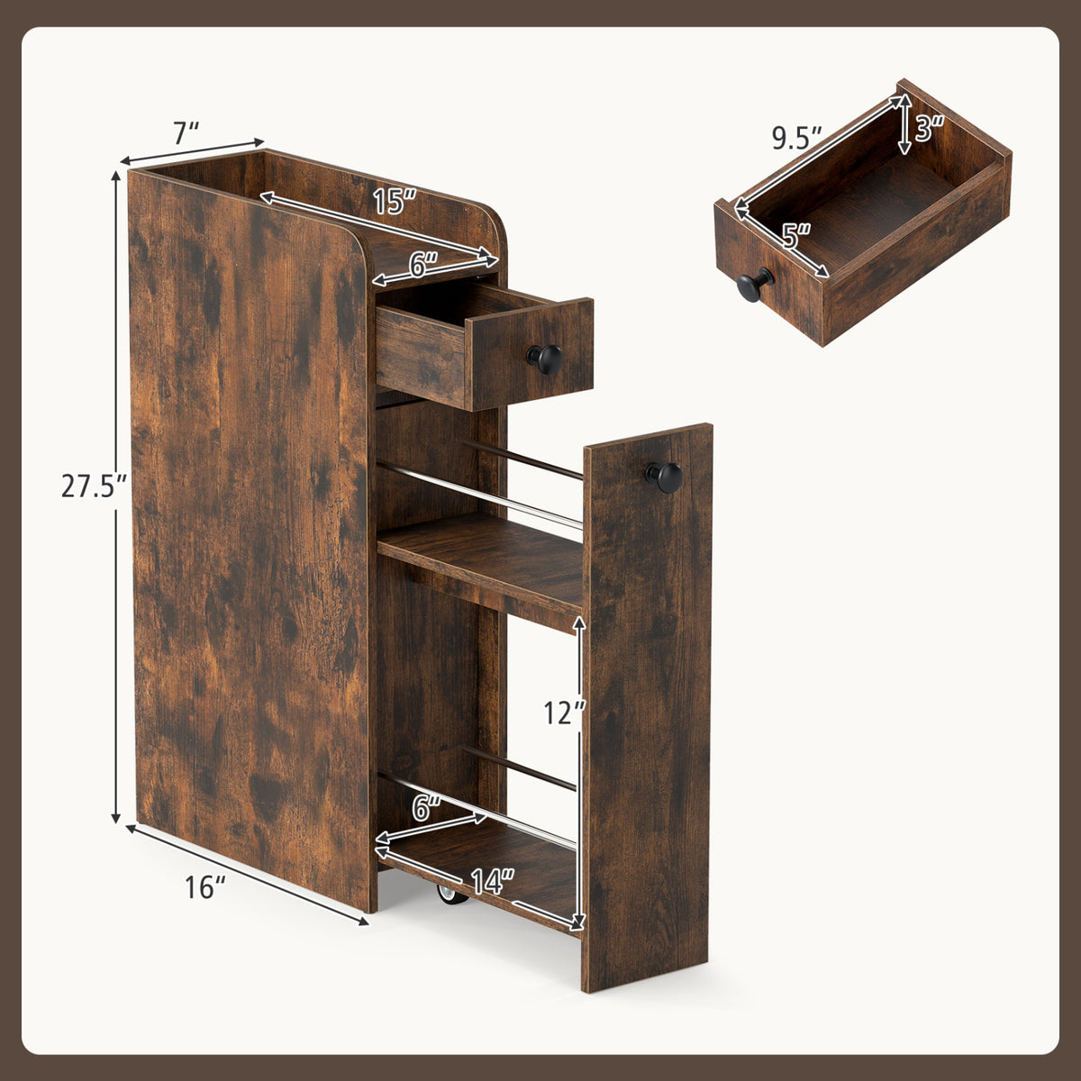 Small Bathroom Storage Cabinet 4-Tier with Slide Out Drawers on Casters-Brown