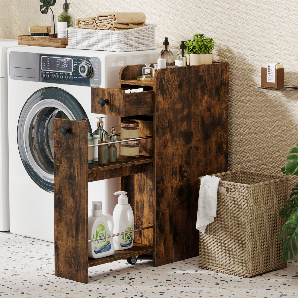 Small Bathroom Storage Cabinet 4-Tier with Slide Out Drawers on Casters-Brown