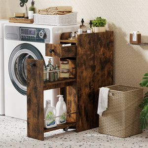 Small Bathroom Storage Cabinet 4-Tier with Slide Out Drawers on Casters-Brown