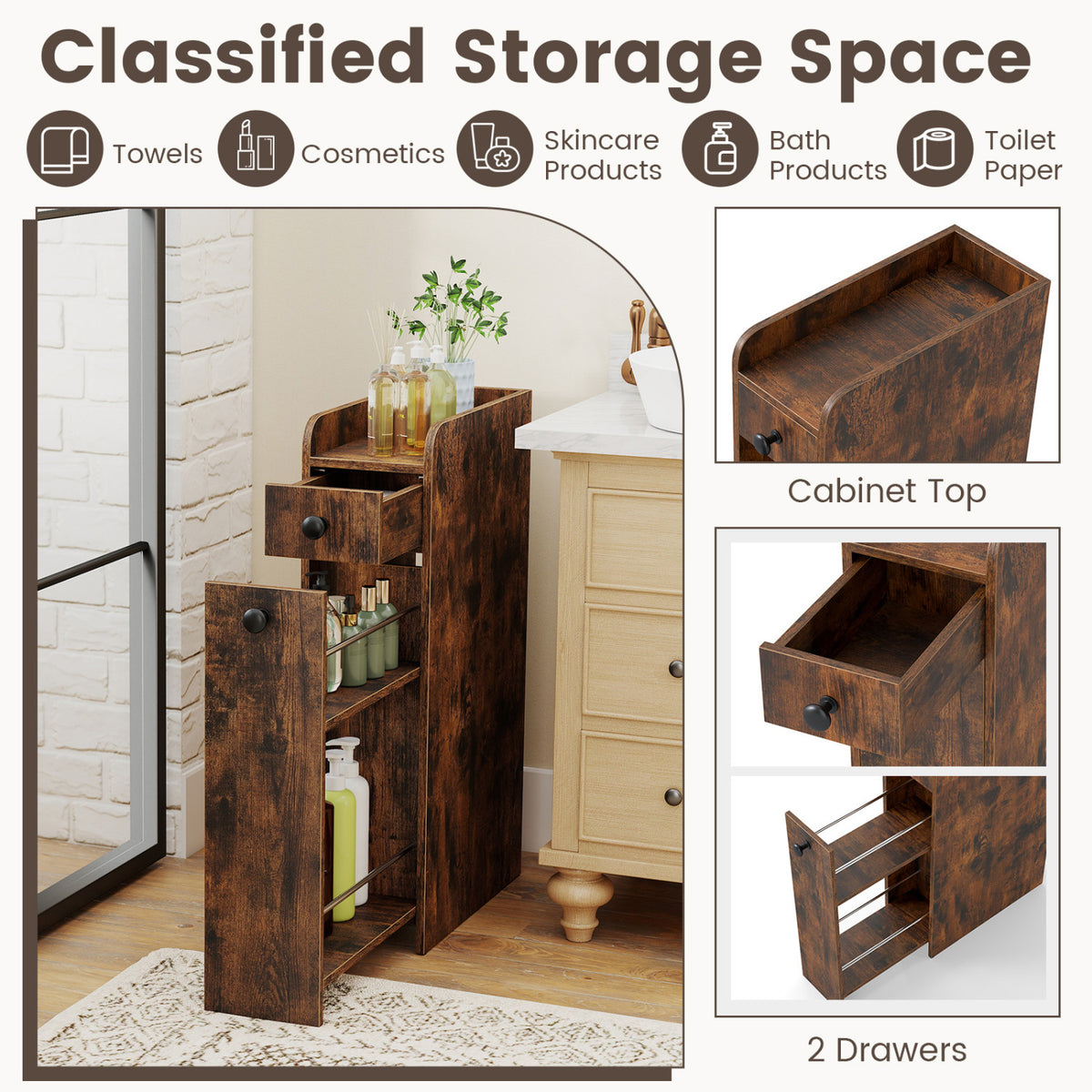 Small Bathroom Storage Cabinet 4-Tier with Slide Out Drawers on Casters-Brown
