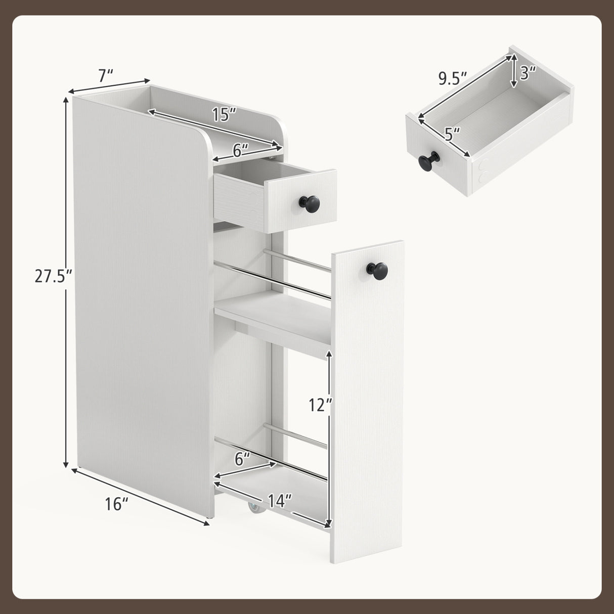 Small Bathroom Storage Cabinet 4-Tier with Slide Out Drawers on Casters-White