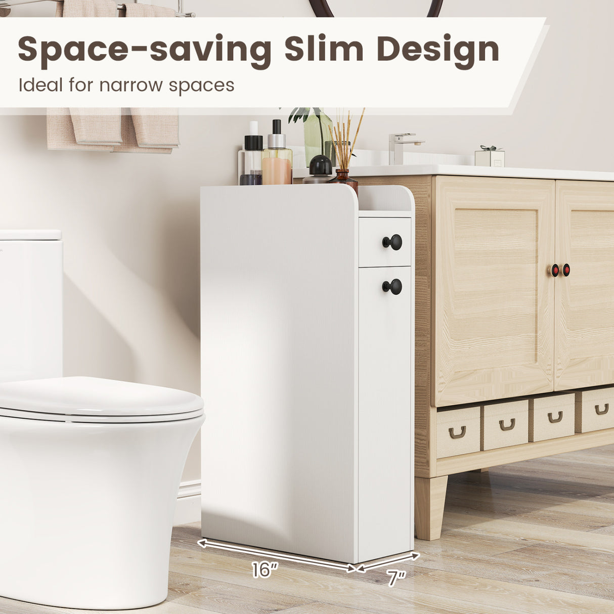 Small Bathroom Storage Cabinet 4-Tier with Slide Out Drawers on Casters-White