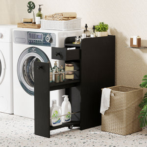 Small Bathroom Storage Cabinet 4-Tier with Slide Out Drawers on Casters-Black