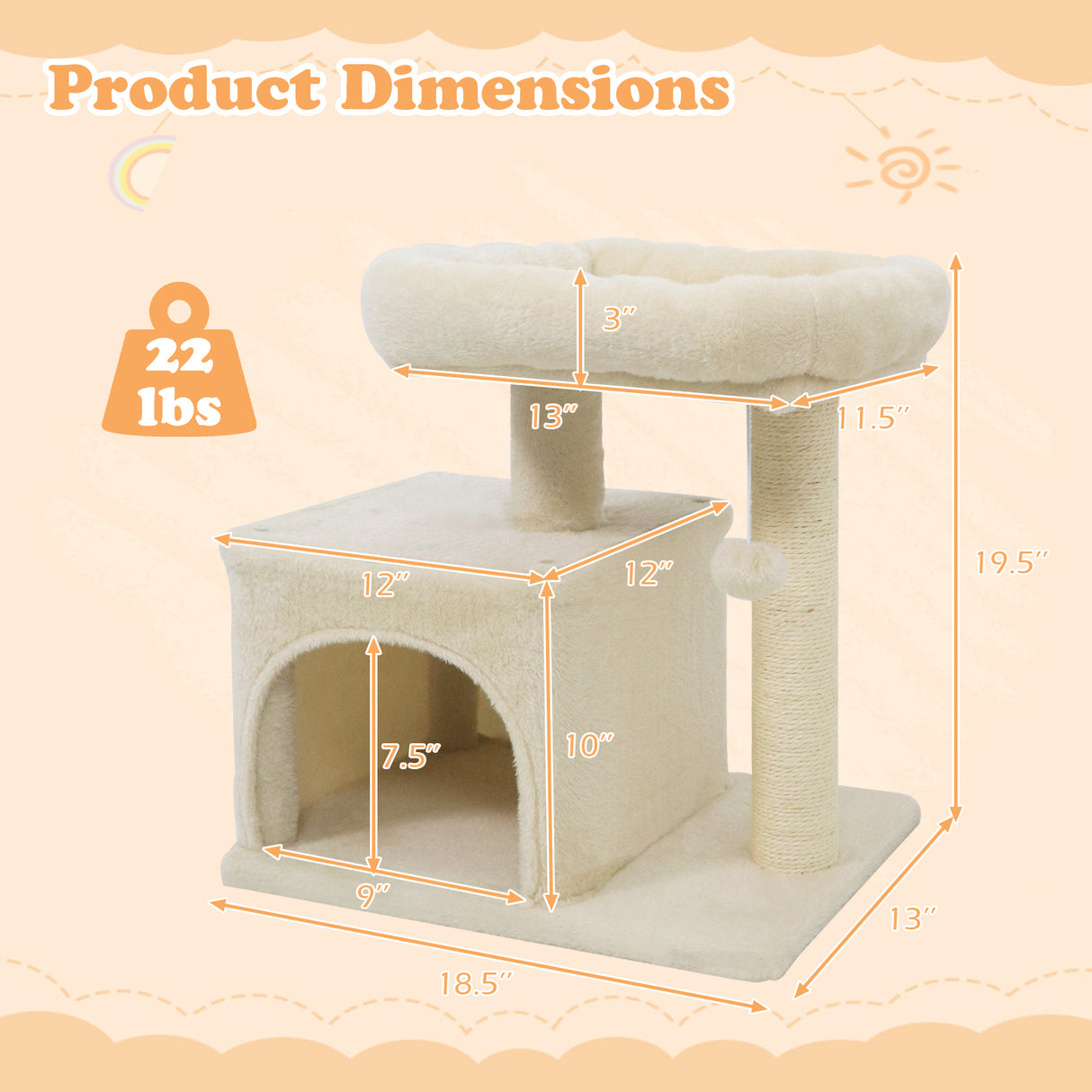Small Cat Tree with Large Padded Plush Perch for Indoor Cats-Beige