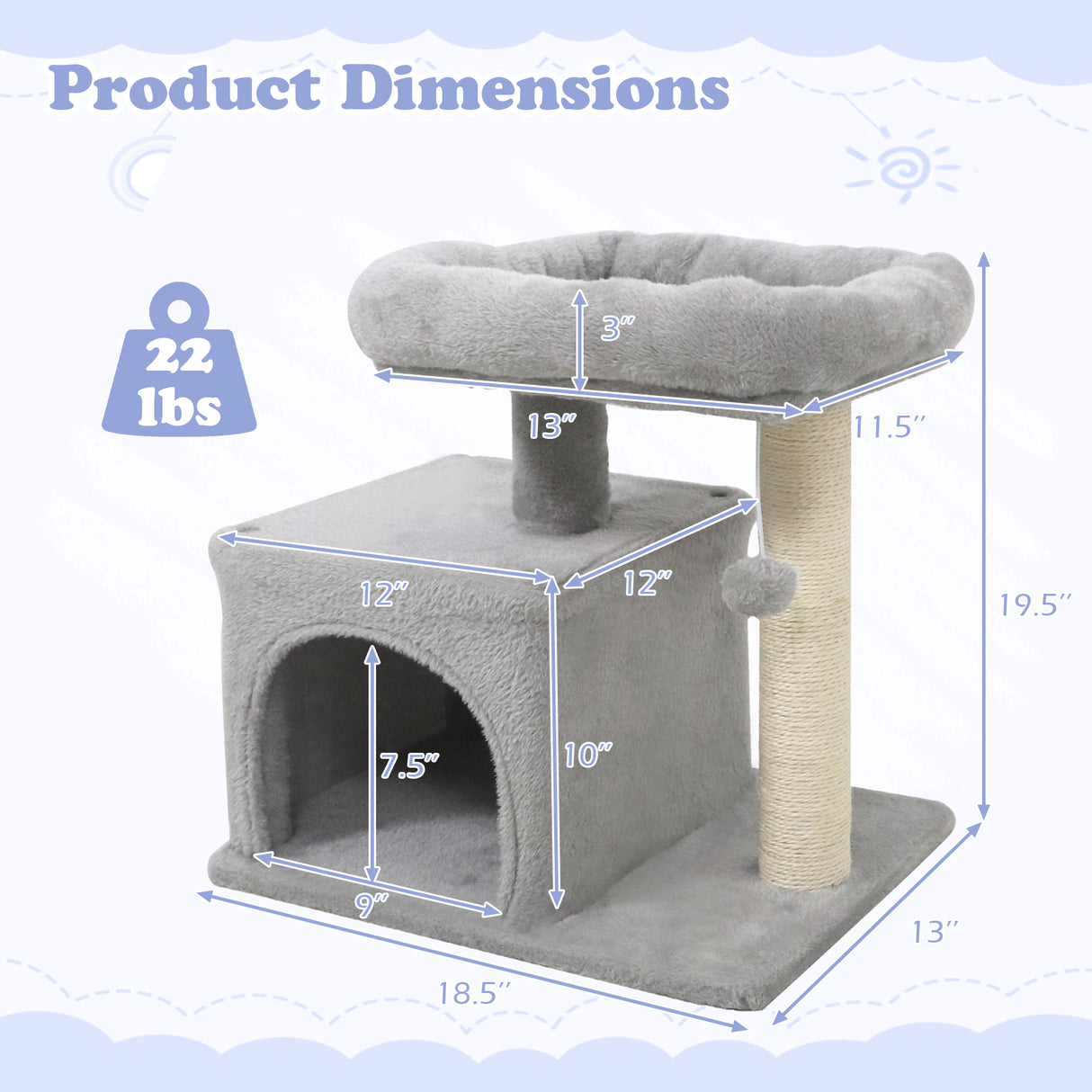 Small Cat Tree with Large Padded Plush Perch for Indoor Cats-Light Gray