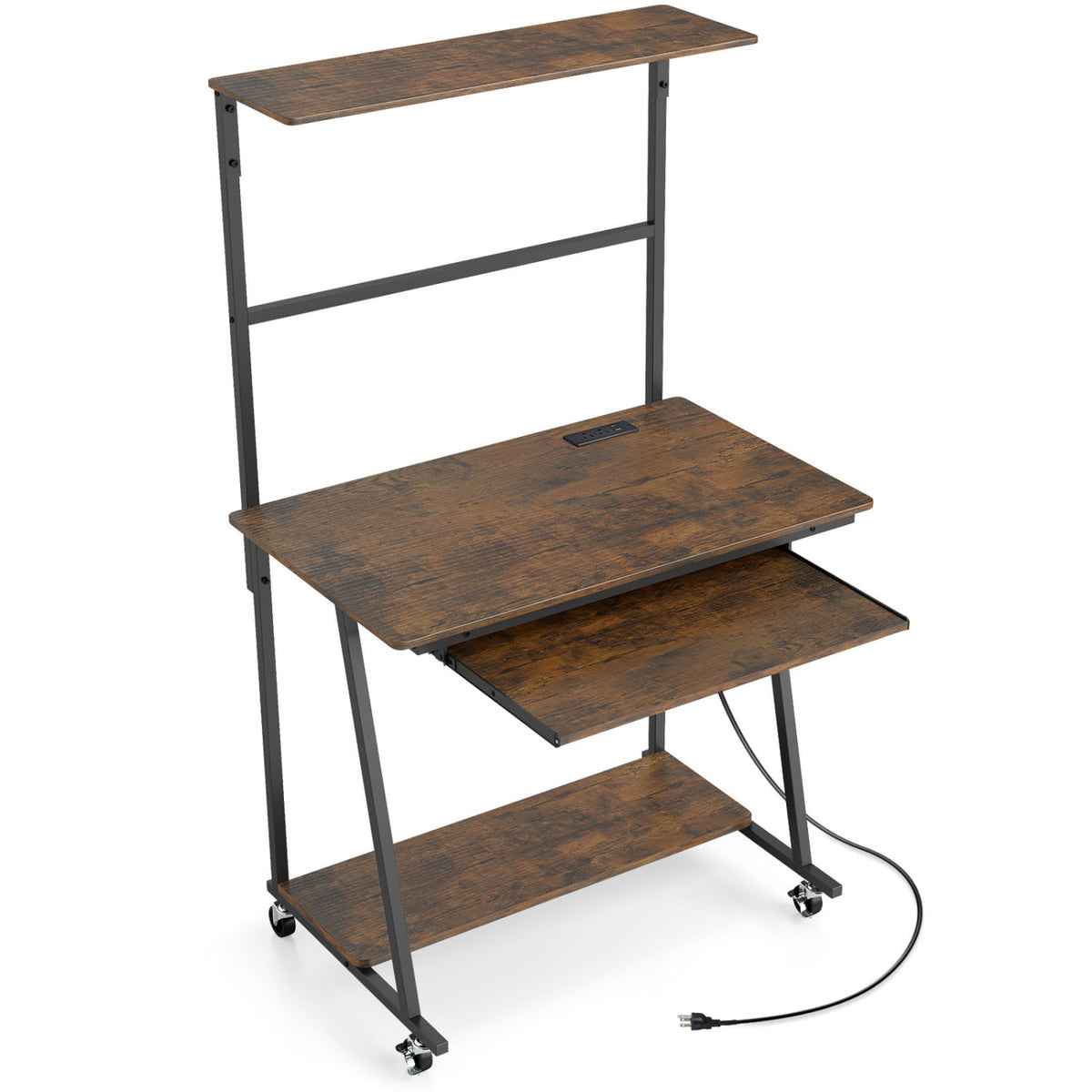 Small Computer Desk with Charging Station and LED Lights and Wheels-Rustic Brown