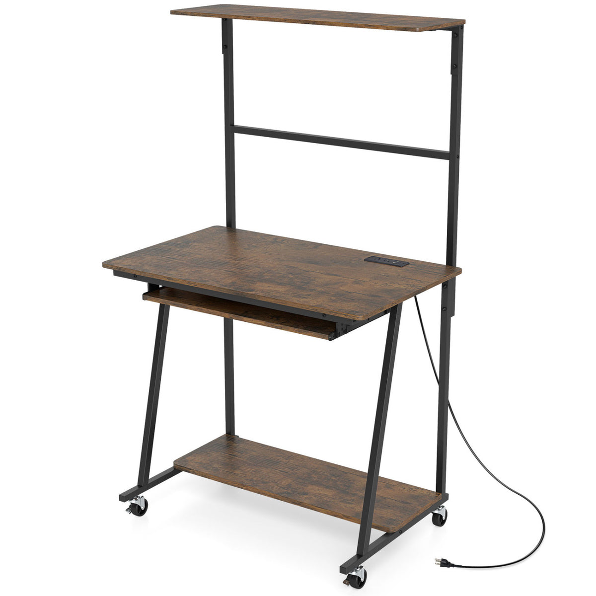 Small Computer Desk with Charging Station and LED Lights and Wheels-Rustic Brown