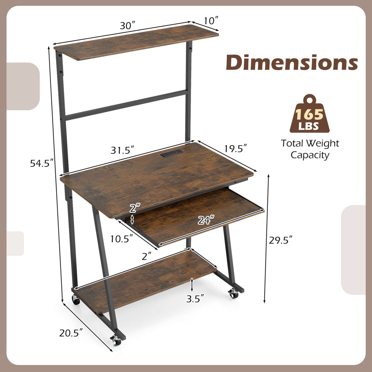 Small Computer Desk with Charging Station and LED Lights and Wheels-Rustic Brown