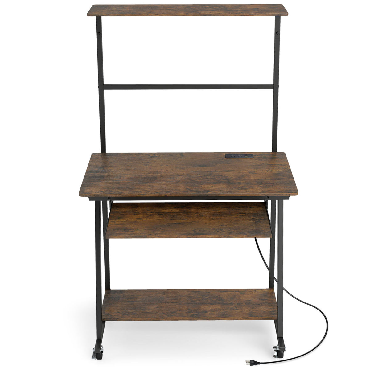 Small Computer Desk with Charging Station and LED Lights and Wheels-Rustic Brown