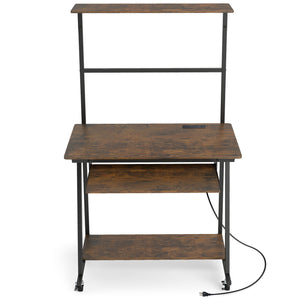 Small Computer Desk with Charging Station and LED Lights and Wheels-Rustic Brown