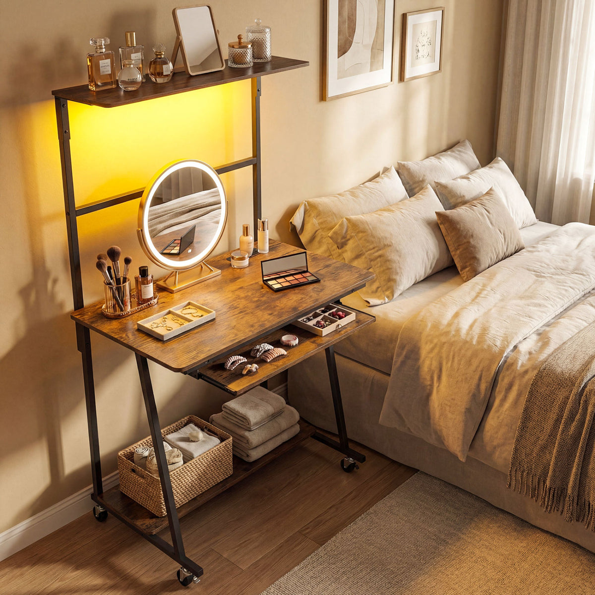 Small Computer Desk with Charging Station and LED Lights and Wheels-Rustic Brown