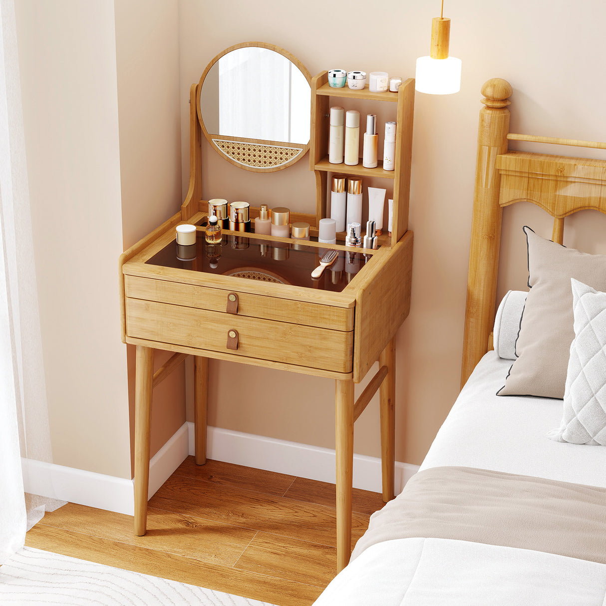 Small Vanity Desk 23.5 Inch Compact Makeup Table with Mirror-Natural