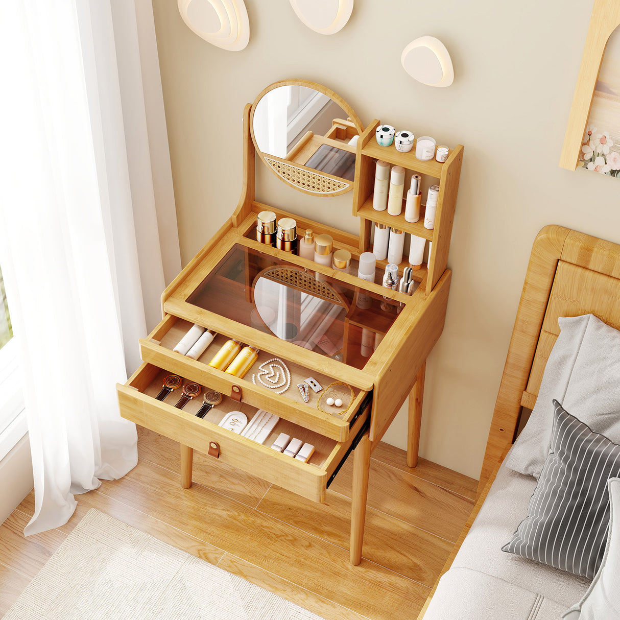 Small Vanity Desk 23.5 Inch Compact Makeup Table with Mirror-Natural