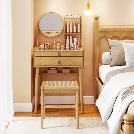 Small Vanity Desk and Stool Set with Mirror and 2 Drawers