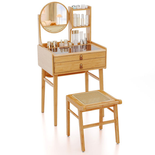 Small Vanity Desk and Stool Set with Mirror and 2 Drawers