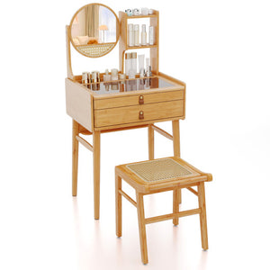Small Vanity Desk and Stool Set with Mirror and 2 Drawers