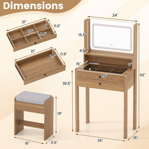 Small Vanity Desk with Mirror and Lights for Bedroom-Natural