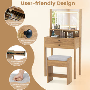 Small Vanity Desk with Mirror and Lights for Bedroom-Natural