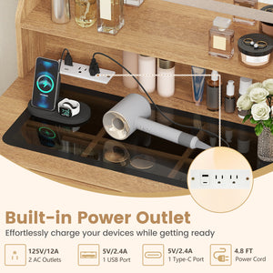 Small Vanity Desk with Mirror and Lights for Bedroom-Natural