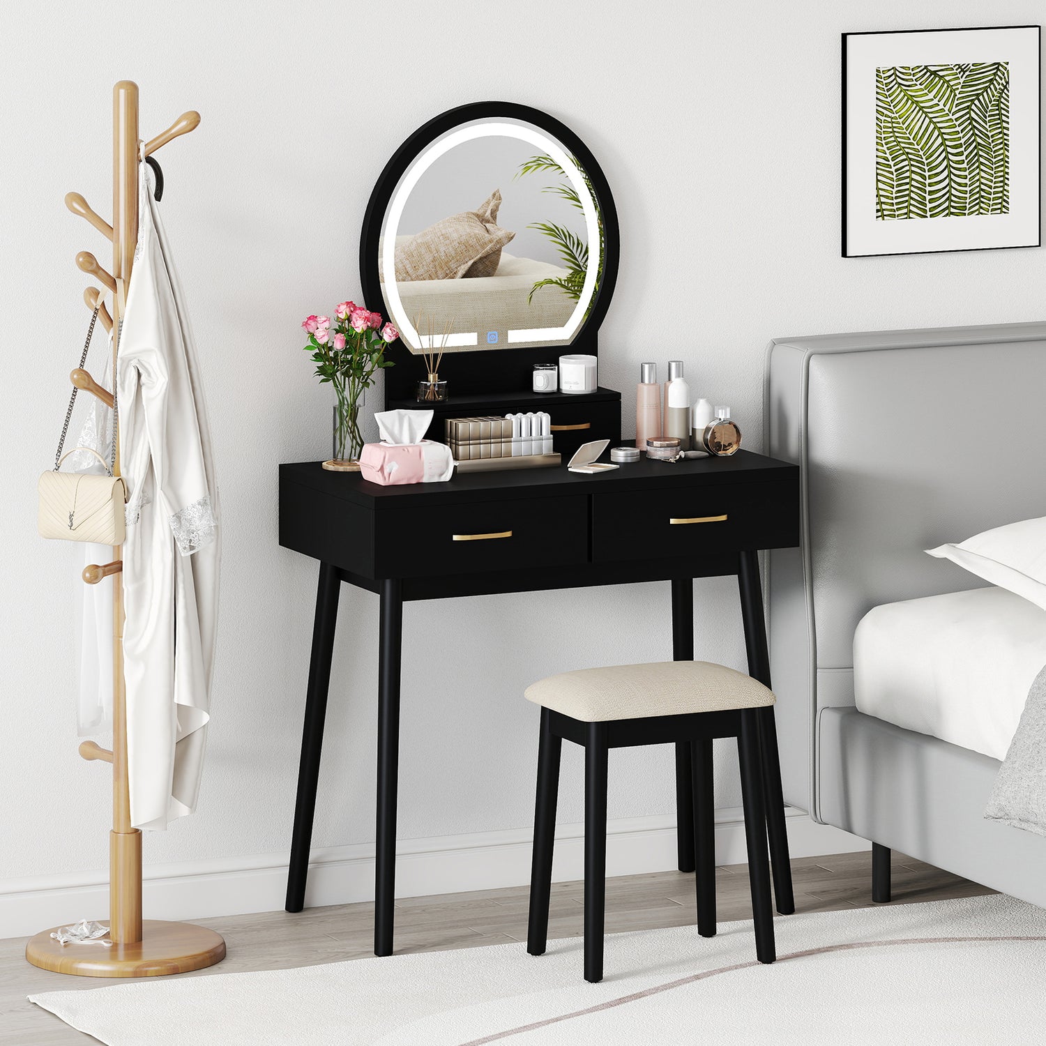 Small Vanity Makeup Dressing Table Set with Cushioned Stool and LED Lighted Mirror-Black