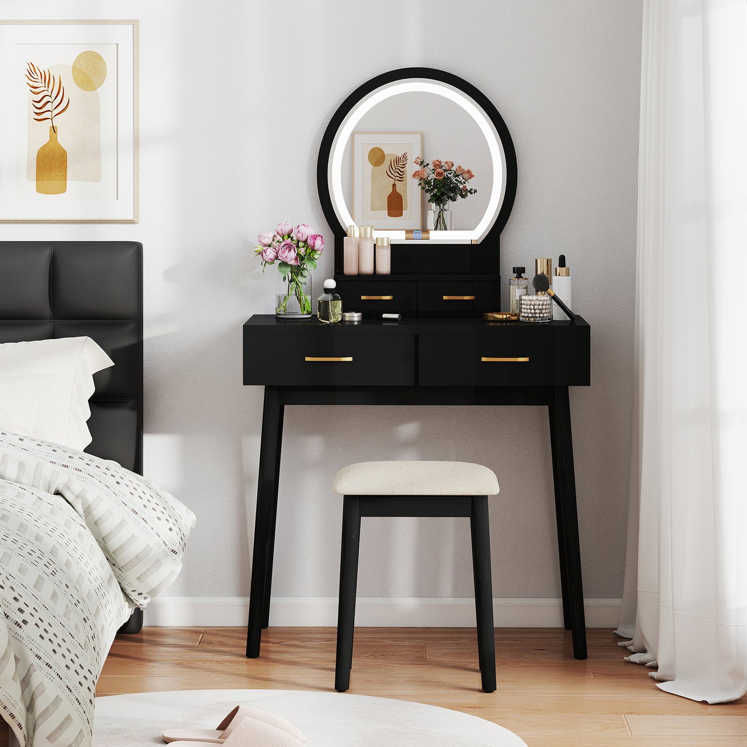 Small Vanity Makeup Dressing Table Set with Cushioned Stool and LED Lighted Mirror-Black