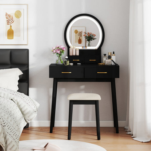 Small Vanity Makeup Dressing Table Set with Cushioned Stool and LED Lighted Mirror-Black