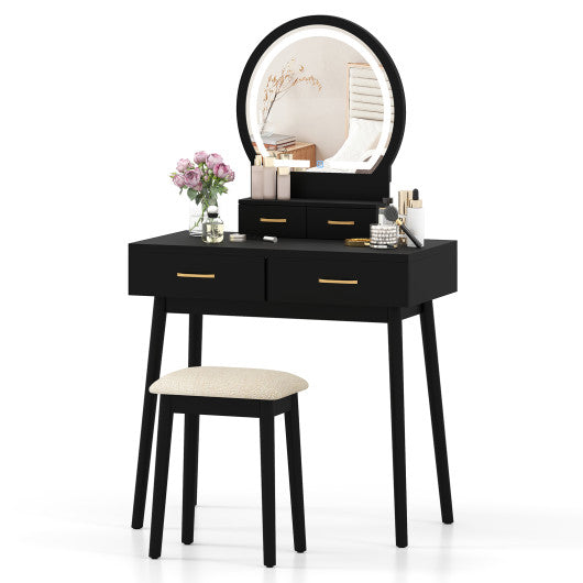 Small Vanity Makeup Dressing Table Set with Cushioned Stool and LED Lighted Mirror-Black
