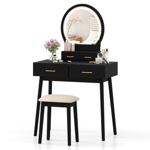 Small Vanity Makeup Dressing Table Set with Cushioned Stool and LED Lighted Mirror-Black