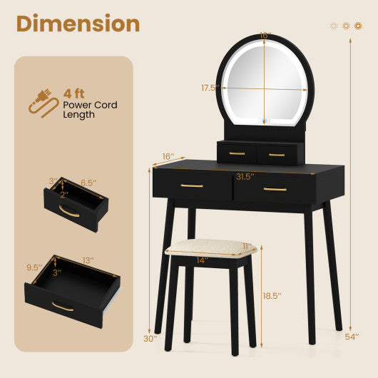 Small Vanity Makeup Dressing Table Set with Cushioned Stool and LED Lighted Mirror-Black