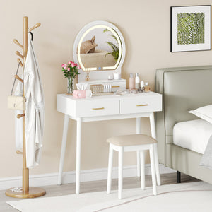 Small Vanity Makeup Dressing Table Set with Cushioned Stool and LED Lighted Mirror-White