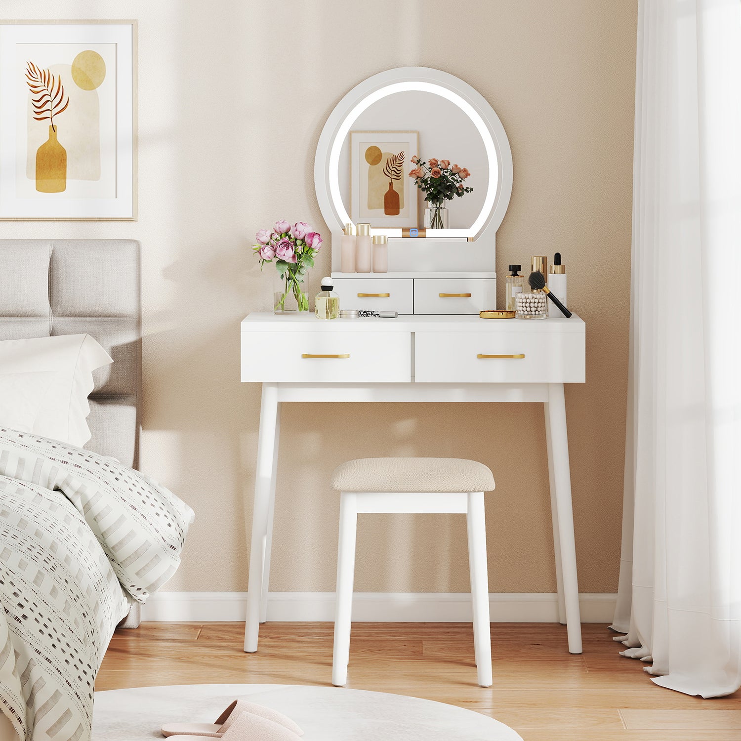 Small Vanity Makeup Dressing Table Set with Cushioned Stool and LED Lighted Mirror-White
