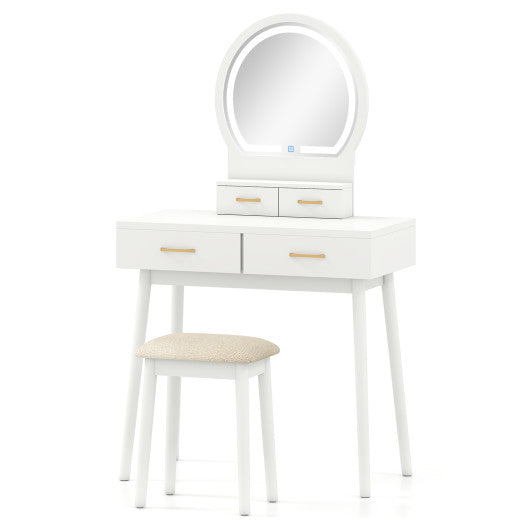 Small Vanity Makeup Dressing Table Set with Cushioned Stool and LED Lighted Mirror-White