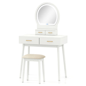 Small Vanity Makeup Dressing Table Set with Cushioned Stool and LED Lighted Mirror-White