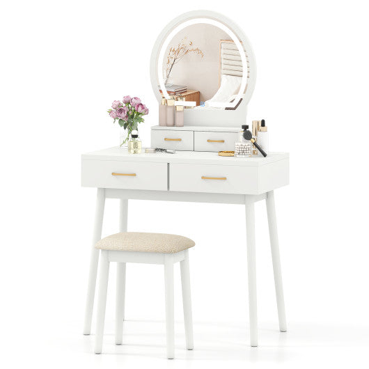Small Vanity Makeup Dressing Table Set with Cushioned Stool and LED Lighted Mirror-White