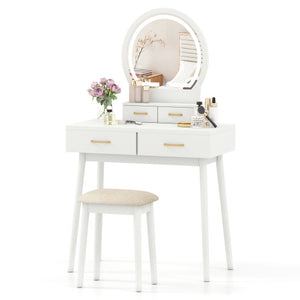 Small Vanity Makeup Dressing Table Set with Cushioned Stool and LED Lighted Mirror-White