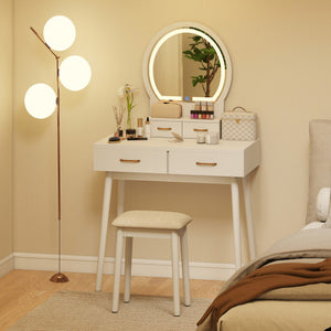 Small Vanity Makeup Dressing Table Set with Cushioned Stool and LED Lighted Mirror-White