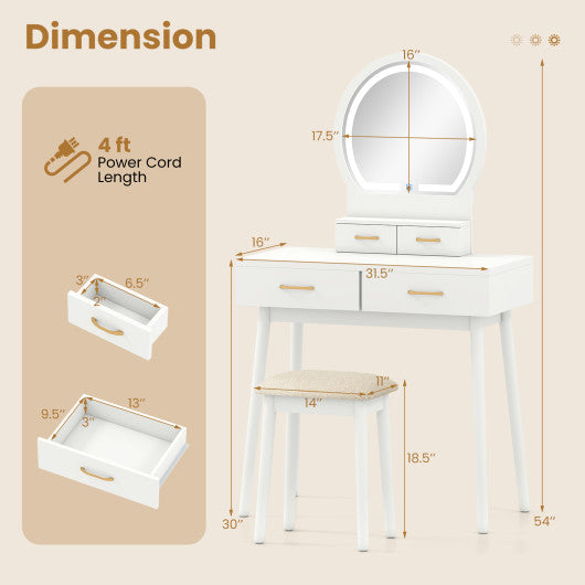 Small Vanity Makeup Dressing Table Set with Cushioned Stool and LED Lighted Mirror-White