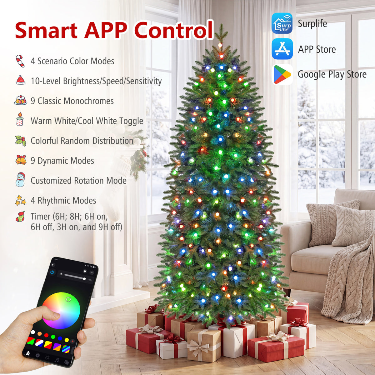 Smart Pencil Christmas Tree with 220 Pre-Lit RGB LED Lights-M