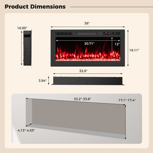 Smart WiFi Electric Fireplace Wall Mounted & Recessed 750W/1500W Heater-36 Inch