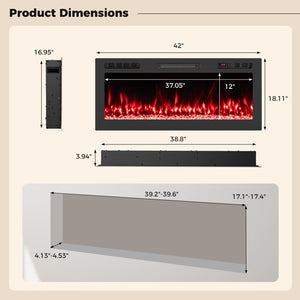 Smart WiFi Electric Fireplace Wall Mounted & Recessed 750W/1500W Heater-42 Inch